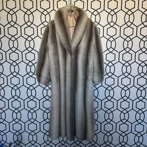 Monterey Fashions Vintage Long Faux Fur Coat Grey White Striped Size Medium